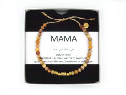 Amber and brass beaded bracelet with "MAMA" charm, suitable for casual or formal wear.