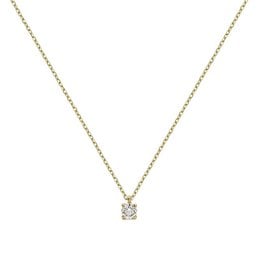 A delicate gold chain necklace with a single diamond pendant. The diamond is set in a prong setting, creating a classic and elegant look.