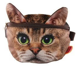 A fanny pack featuring a realistic cat face design with large green eyes, pointed ears, and a brown and tan fur pattern. The fanny pack has a zipper closure and adjustable strap.