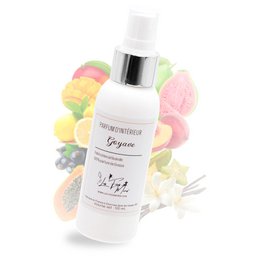  White spray bottle guava scented room fragrance with tropical fruit notes, floral design label