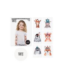 Temporary tattoo set featuring a variety of animal designs including a fox, rabbit, penguin, and more. Ideal for children's fashion and accessories.