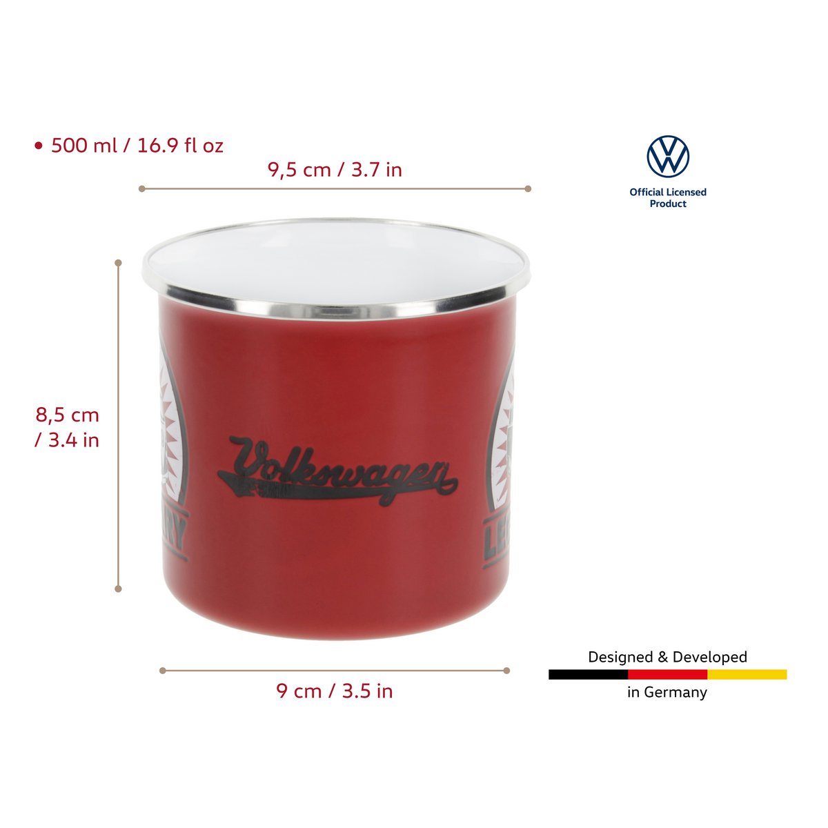 Volkswagen VW T1 Bus Emaille-Tasse, 500 ml, in Geschenkbox – Vintage/Rot