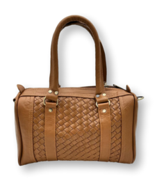 Beige handmade leather bag with woven pattern and dual handles.