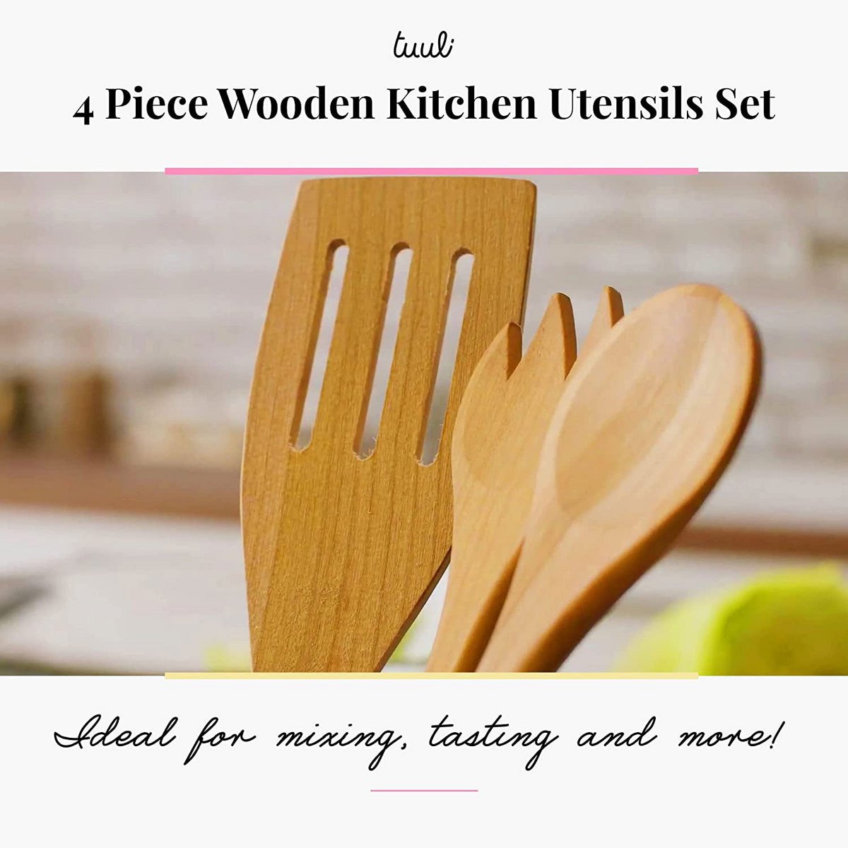 4 Piece Wooden Kitchen Cooking Set Cherry Wood