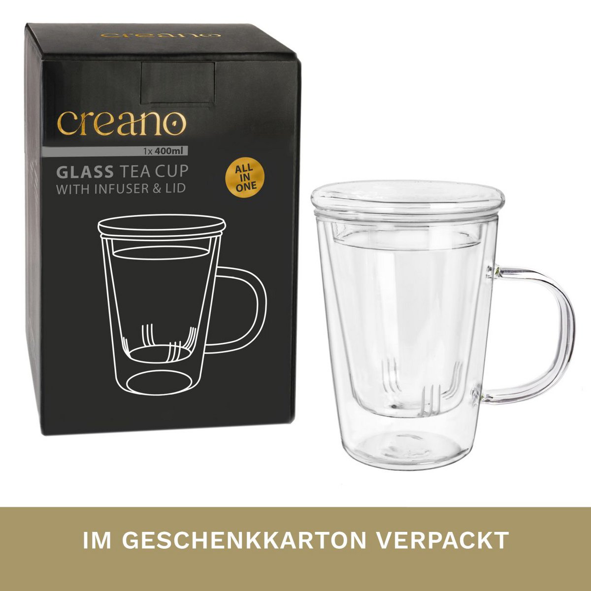 Creano Teeglas All-in-One 400ml Sieb Deckel
