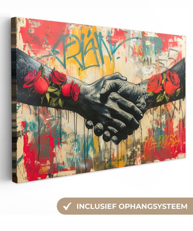 Canvas schilderij - Wanddecoratie Graffiti - Rozen - Handen - Street art - Muurdecoratie woonkamer - Slaapkamer decoratie - Kamer accessoires - Schilderijen op canvas