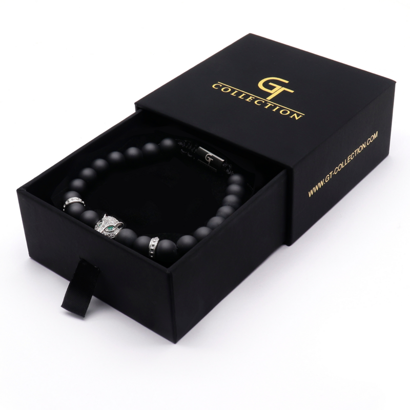 Pulsera de hombre de ÓNIX NEGRO con cabeza de LEOPARDO plateada
