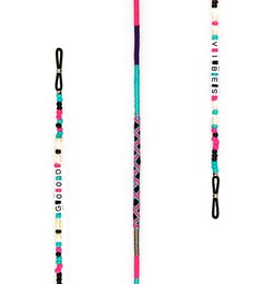 Colorful beaded eyewear strap with a variety of patterns and shapes, including hearts and geometric designs. The strap is handcrafted and designed to hold and secure eyeglasses or sunglasses.