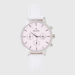 Silver and white 38mm watch with chronograph features.