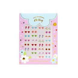 Colorful flat back stud earrings set, hearts stars flowers, pink display card, kids jewelry collection