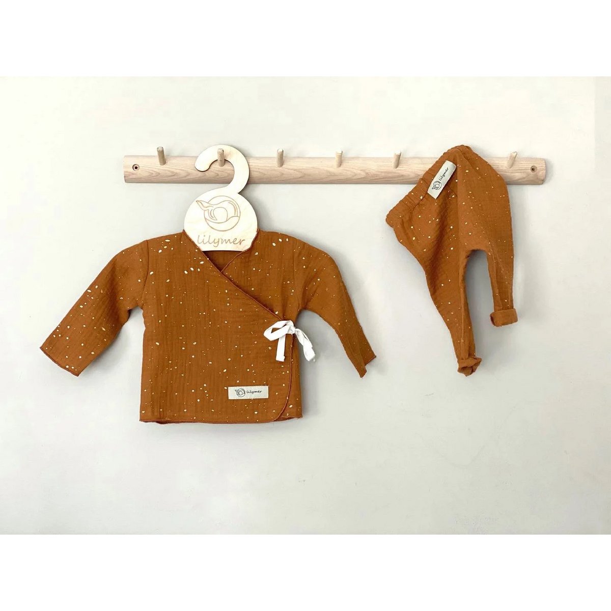 100 % Öko-Tex-zertifiziertes Baby-Outfit aus Bio-Musselin: Leggings und Wickeloberteil, Größe: 52–64, 68–74