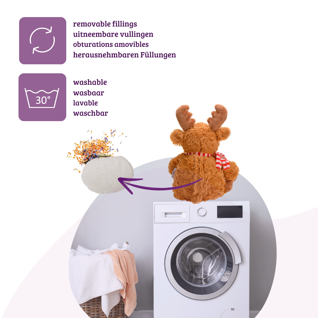 Heat cushion, the natural hot water bottle as a warm cuddly toy, large moose with organic millet filling and health herbs