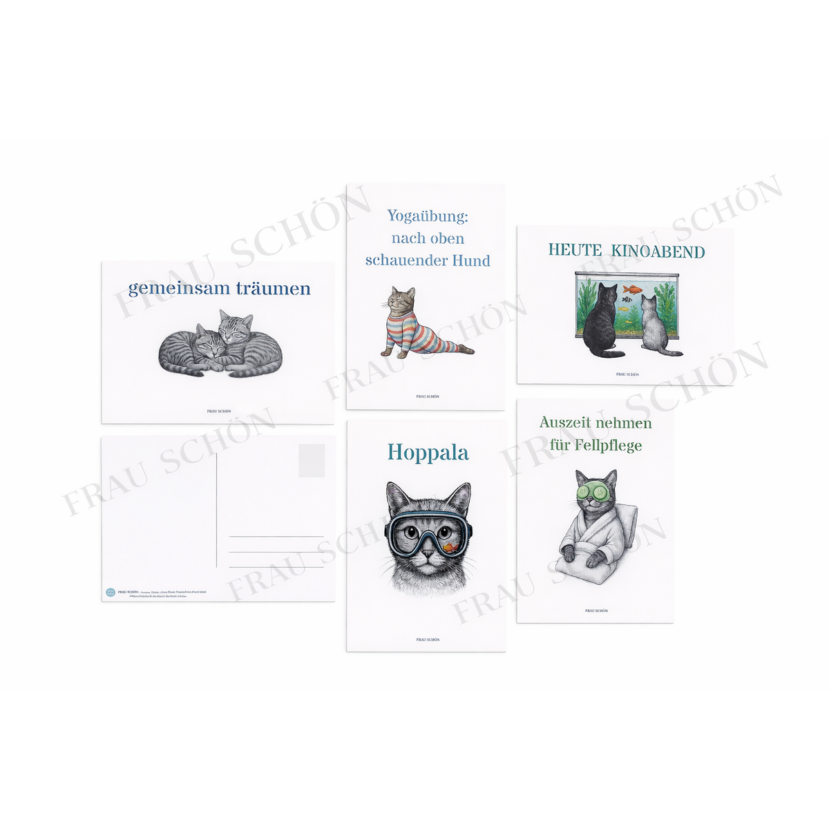 A great bundle of 5 beautiful and funny postcards with different cat motifs