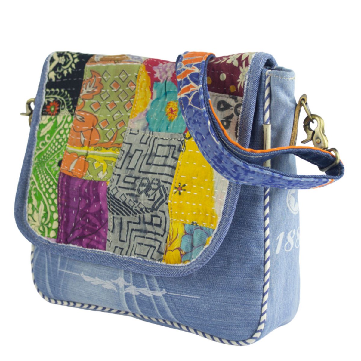 Sac bandoulière pour femme Sunsa en jean upcyclé et tissu sari (toile). Sac à main style rétro vintage. Sac bandoulière pour femme.