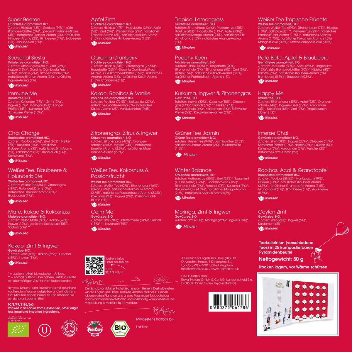 ETS - Premium Tee Adventskalender mit Schleife "Red Christmas", 25 BIO Tee in Teepyramiden