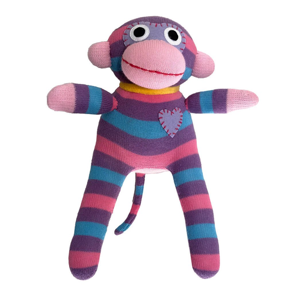 Knuffelsok aap mini strepen roze/paars