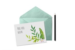 Greeting card with text "Veel veel geluk" and decorative leaves, suitable for various occasions.