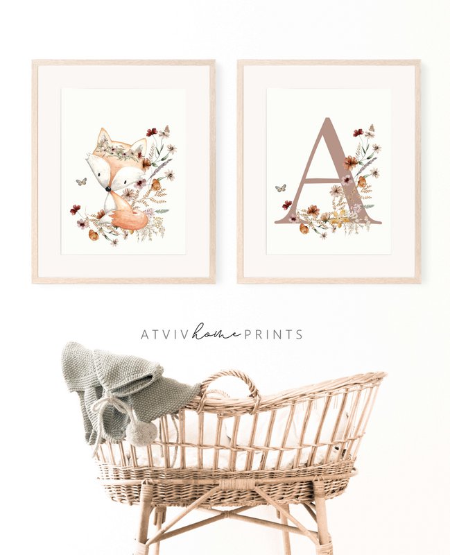 Fox nursery print, fox poster, floral nursery print, cute fox print, wildflowers print, girls nursery poster, girls room