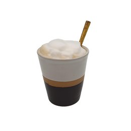 A 3-tone white, natural, and black ceramic mug with a wooden stirrer.