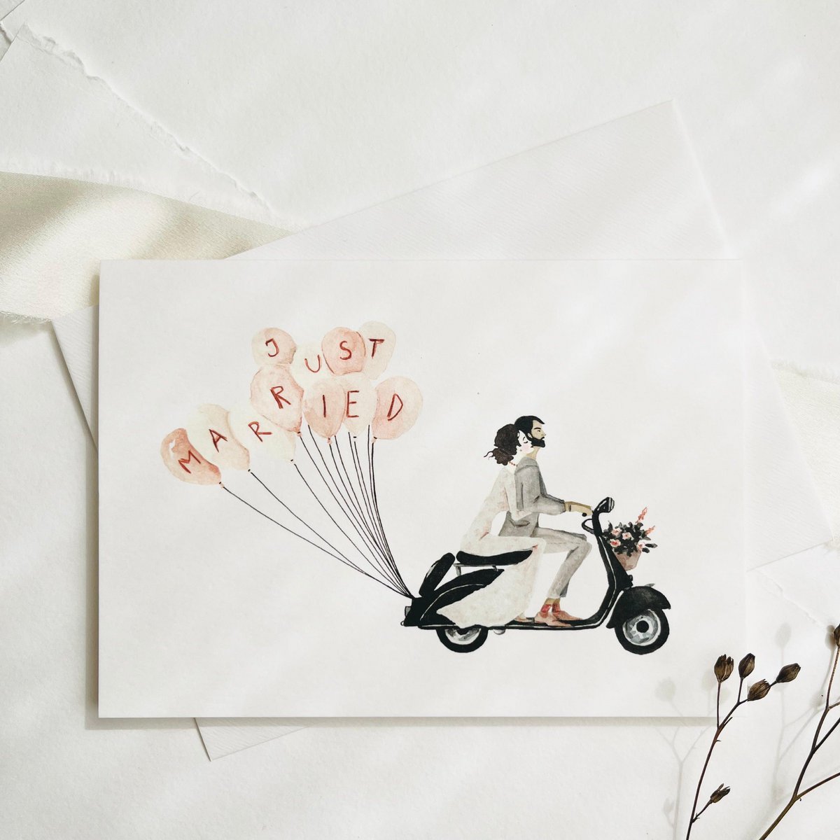 Wenskaart · Bruidsscooter