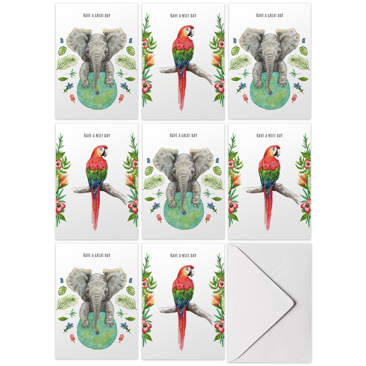 10 lykønskningskort hav en dejlig dag + god dag med kuvert - håndmalet - postkort - elefant - papegøje - botanisk - A6 størrelse