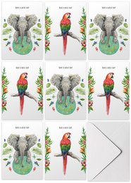 10 lykønskningskort hav en dejlig dag + god dag med kuvert - håndmalet - postkort - elefant - papegøje - botanisk - A6 størrelse