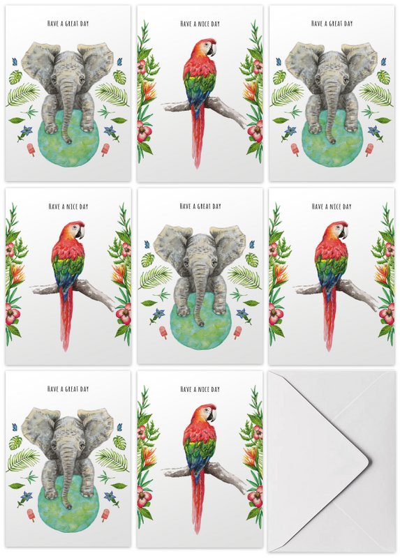 10 biglietti di auguri buona giornata + grande giornata con busta - dipinto a mano - cartolina - elefante - pappagallo - botanico - formato A6