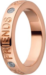Rose gold stainless steel ring with engraved text "Friends" and diamond accents, suitable for stacking with other rings.