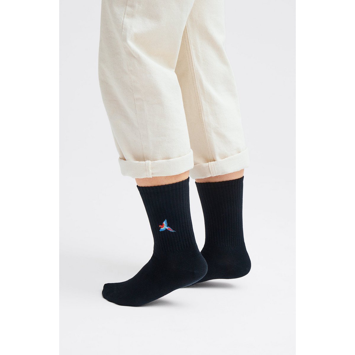 Organic Parrot Socks - Black tennis socks with embroidered parrot