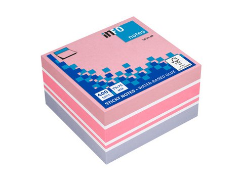 Info notes 75x75mm assorti blok a 400 vel roze, wit, paars