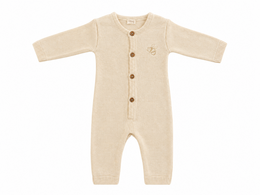 Cream knit baby romper, long sleeves, button front, newborn onesie, soft cotton blend.