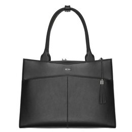 Black leather laptop bag with tassel detail, suitable for 15.6" laptops.