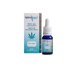4% THCV oil in a clear glass bottle with a dropper. The bottle has a blue and white label with the product name "THCV Oil 4%".