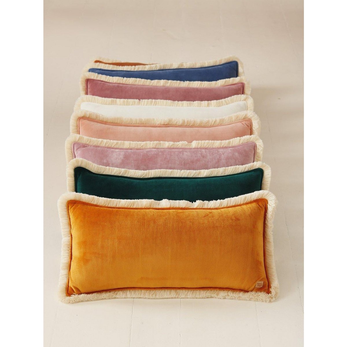 "Mustard" soft velvet bolster with fringe