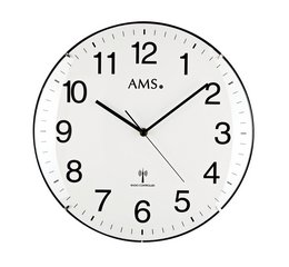 Radio-controlled wall clock with a diameter of 30 cm. Features a classic analog design with clear numbers and hands for easy time-telling.