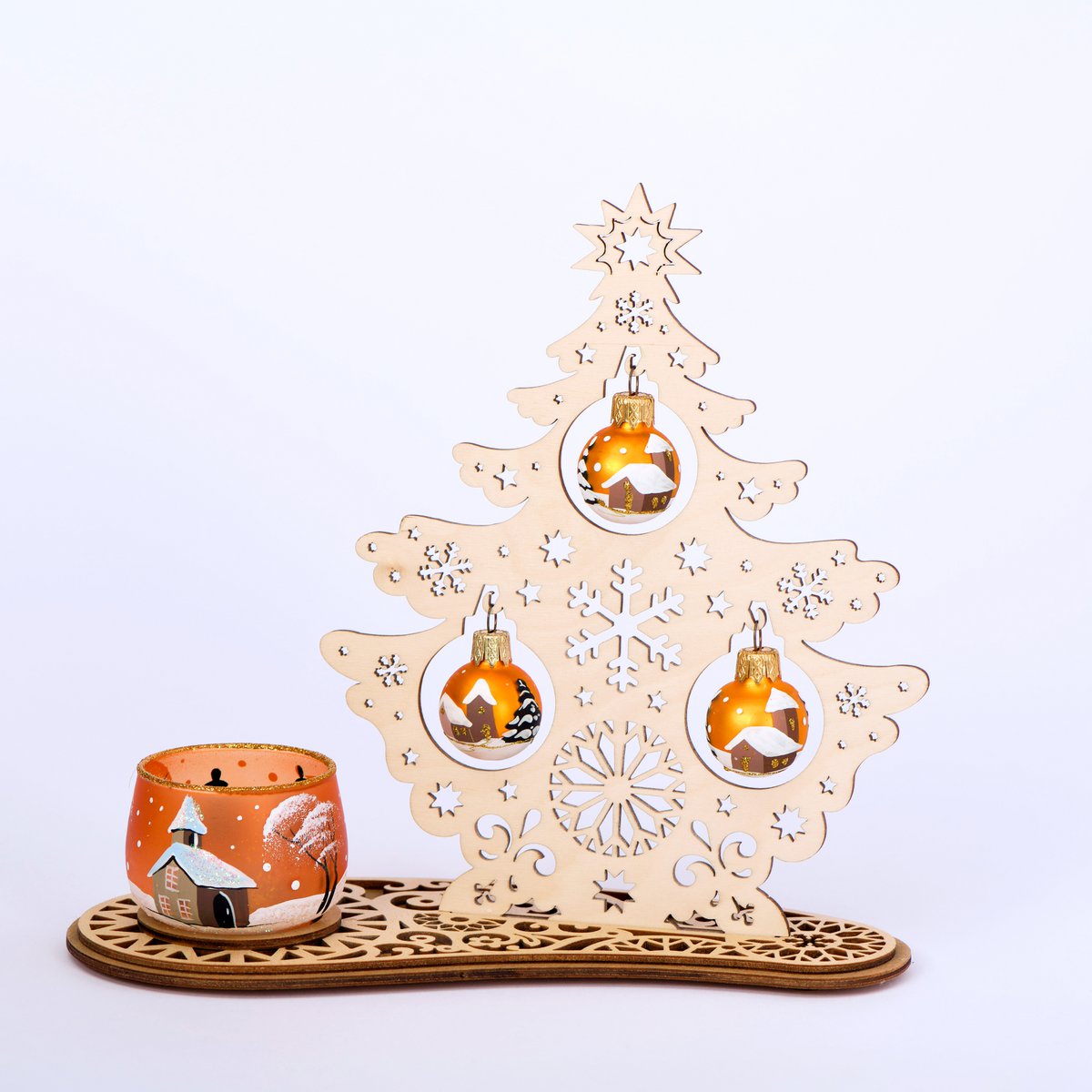 Tannenbaum Set mit Windlicht und Weihnachtskugeln