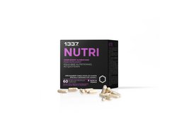 Dietary supplement containing essential nutrients for overall health and wellness. Capsule-shaped product in a black and purple container.