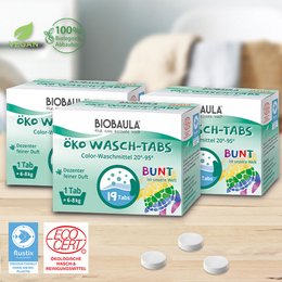 Colorful eco-friendly laundry detergent tabs in a 3-pack. The tabs are made of natural, biodegradable ingredients and are suitable for all types of washing machines. The product information highlights the eco-friendly and gentle nature of the detergent.