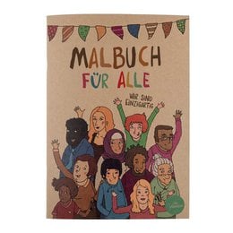 Malbuch für Alle is a kids coloring book featuring a variety of illustrations including people, buildings, and religious symbols. The product is available in different pack sizes ranging from 5 to 100 pieces.