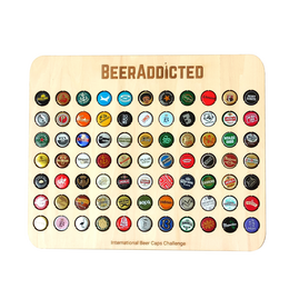 A collection of beer caps displayed on a wooden board, showcasing a variety of beer brands and logos.