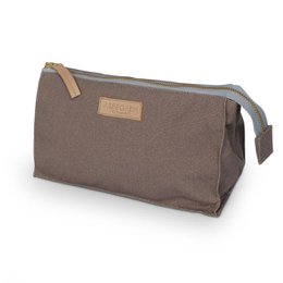 Small wood-accented toiletry bag in a neutral brown color.