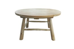Round wooden garden table with natural wood finish.