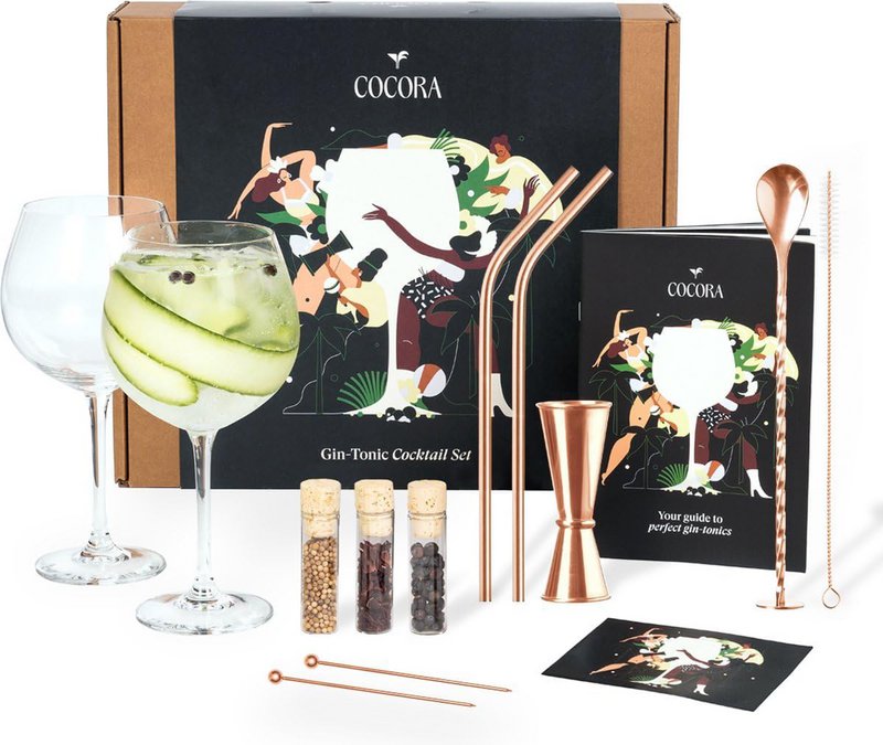 Cocora Gin Tonic gavesæt - 12-delt cocktailsæt i rustfrit stål - Tritan® Krystalglas - Cocktailbog - Bæredygtigt