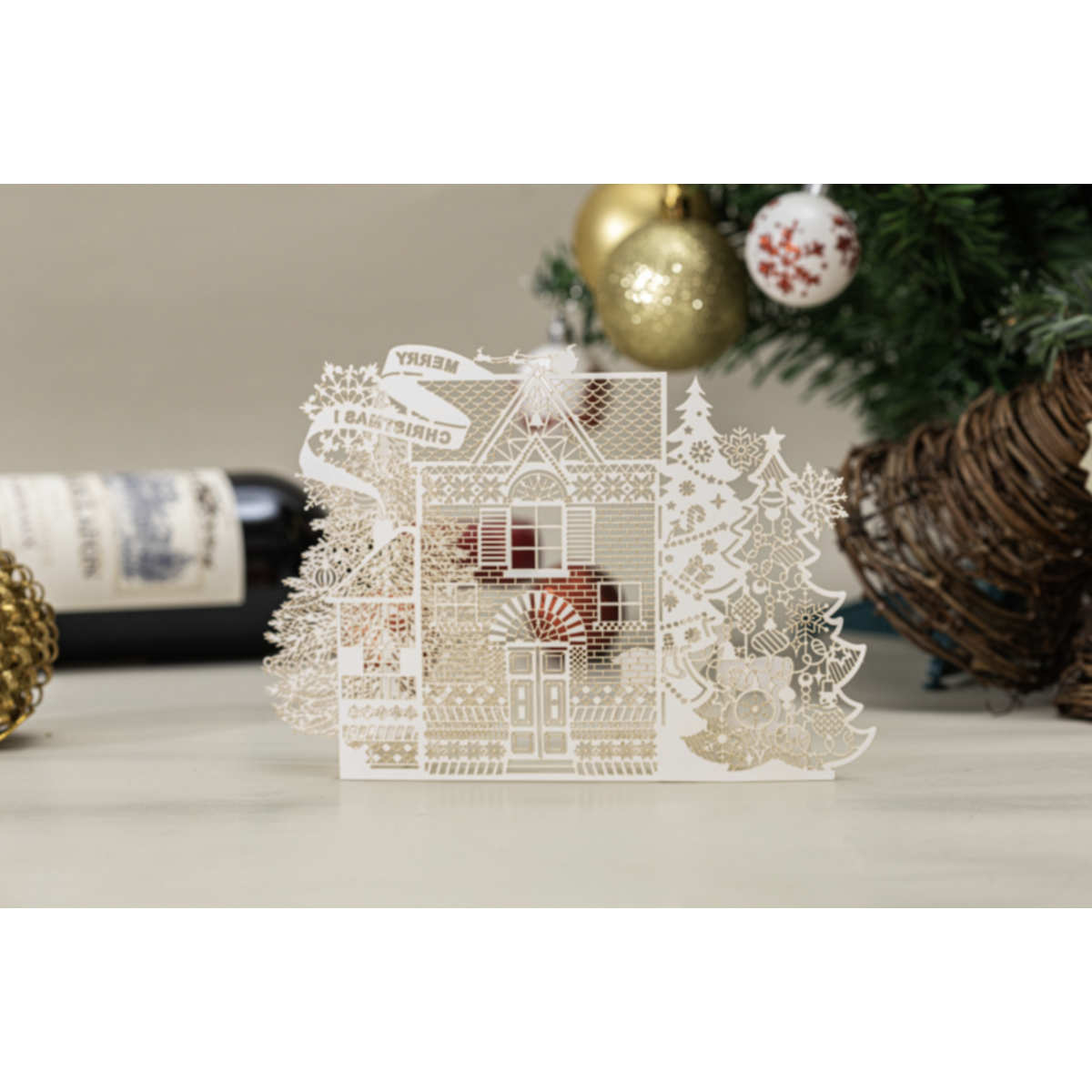 Carte de Noël Pop up 3D Rêver d'un Noël blanc avec panneau de message