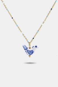 Handbemalte Vogel-Emaille-Halskette aus Porzellan – Delfter Blau