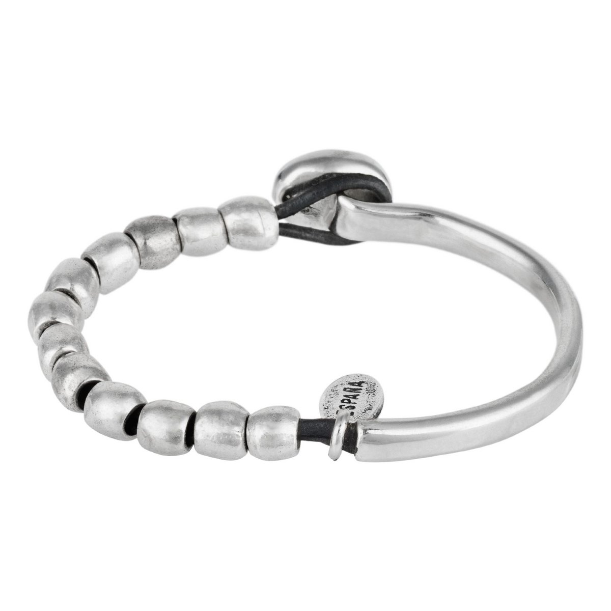 Armband aus plattiertem silbernem Leder und smaragdgrünem Harz