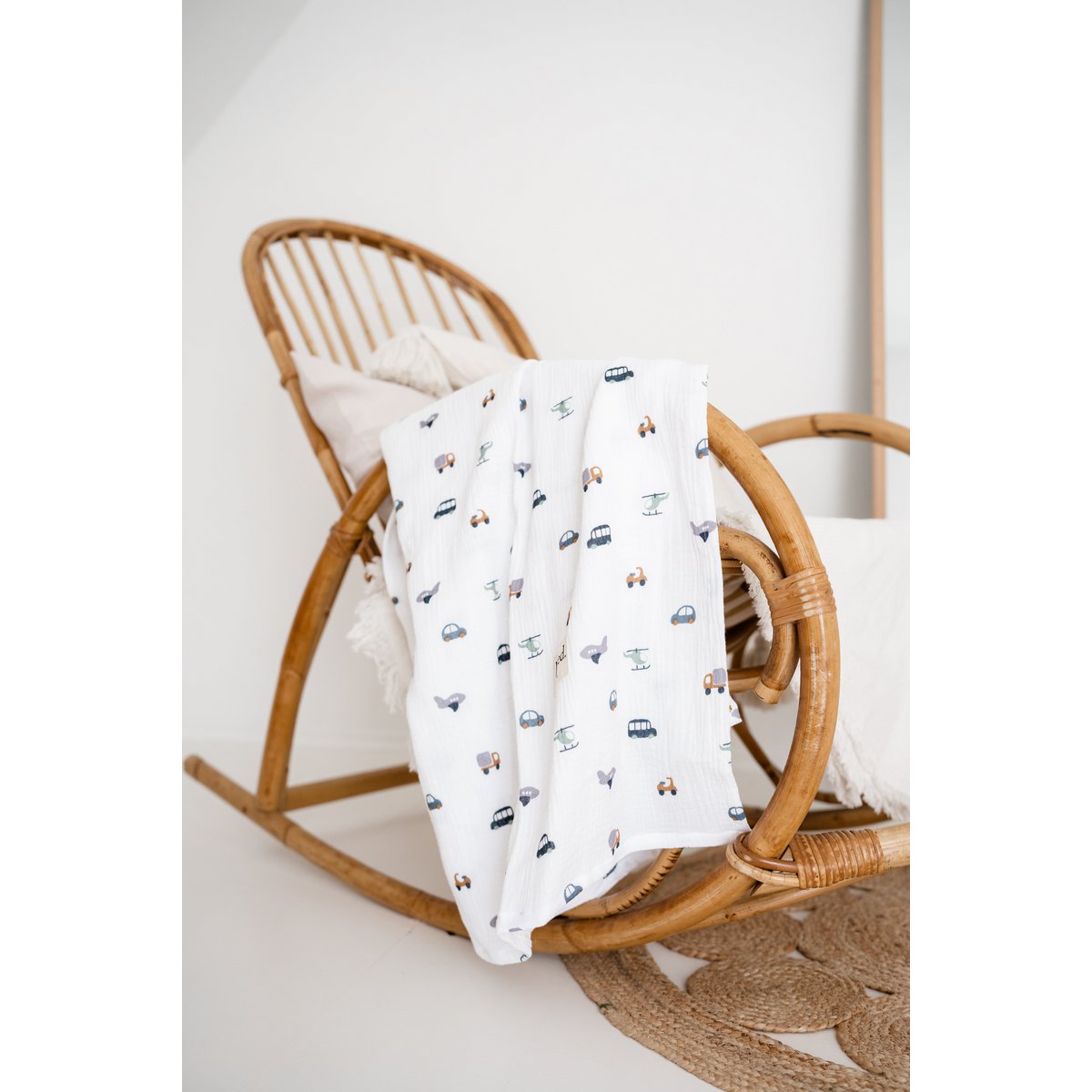 Babydecke Bio Musselindecke 120x120cm Fahrzeuge