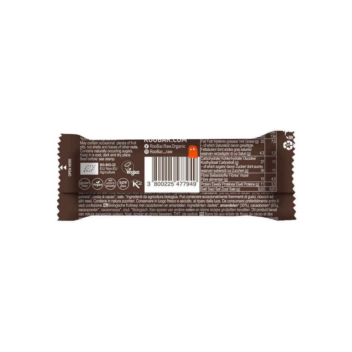 Cacao Nibs Bar, organic, Roobar, 30g