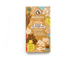 Vegan chocolate bar with coconut milk and roasted almonds. No added sugar, gluten-free. Rich, creamy texture with a hint of coconut and crunchy almonds.