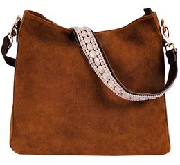Cognac-colored suede shoulder bag with a 70cm rose-colored strap and a decorative beaded strap detail.